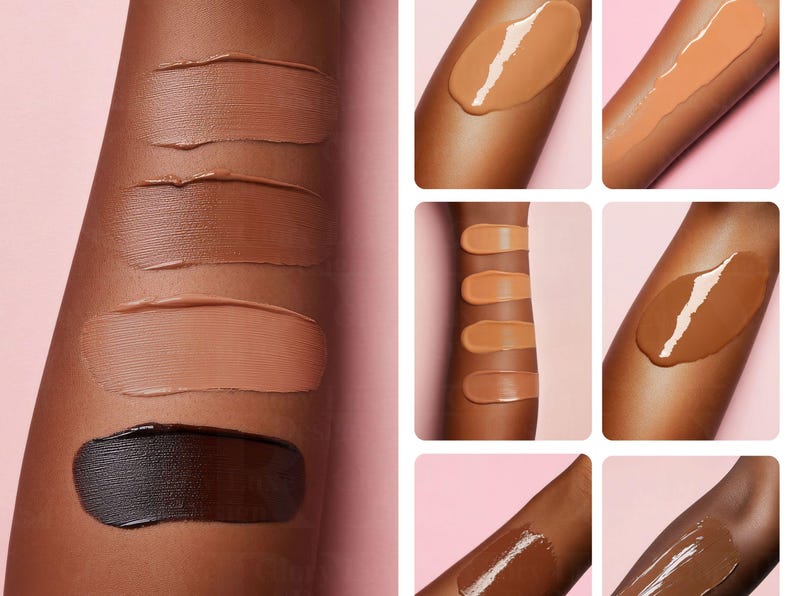 May include: A close-up of a person's arm with swatches of different shades of foundation makeup. The swatches are arranged in a vertical line, starting with the lightest shade at the top and getting progressively darker towards the bottom. The swatches are applied to the skin in a smooth, even layer.