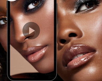 Puede incluir: Una pantalla de teléfono inteligente muestra un primer plano de un rostro con un maquillaje de ojos dramático. La pantalla muestra un botón de reproducción y el texto "20 VIDEOS". Debajo, el texto dice "MAKEUP 4K VIDEOS" y "By GloryLuxeDesign."