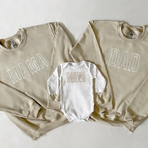 Mama, Dad and Mini Embroidered Matching Beige Mom, Dad and Toddler Sweatshirts and Baby Bodysuits, Mommy and Me Sweatshirts Pullovers