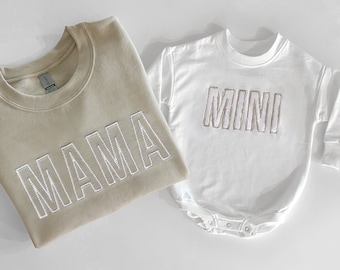 Mama and Mini Embroidered Matching Beige Mom and Toddler Sweatshirts and Baby Bodysuits, Mommy and Me Sweatshirts Pullovers, Bubble Romper