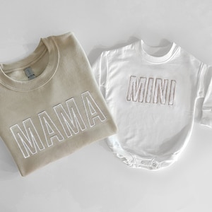 Mama and Mini Embroidered Matching Beige Mom and Toddler Sweatshirts and Baby Bodysuits, Mommy and Me Sweatshirts Pullovers, Bubble Romper
