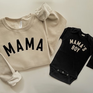 Mama and Mama's Boy Matching Beige Mom and Toddler Sweatshirts and Baby Bodysuits, Mommy and Me Sweatshirts Pullovers