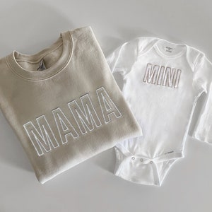 Mama and Mini Embroidered Matching Beige Mom and Toddler Sweatshirts and Baby Bodysuits, Mommy and Me Sweatshirts Pullovers