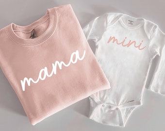 Custom Mama and Mini Matching Blush Pink / Peach Mom and Toddler Sweatshirts and Baby Bodysuits, Mommy and Me Sweatshirts Pullovers