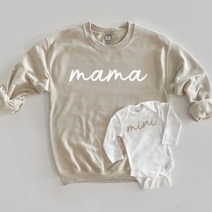 Custom Mama and Mini Matching Beige Mom and Toddler Sweatshirts and Baby Bodysuits, Mommy and Me Sweatshirts Pullovers