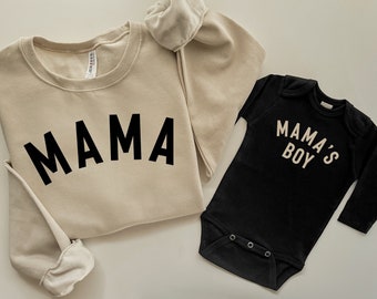 Mama and Mama's Boy Matching Beige Mom and Toddler Sweatshirts and Baby Bodysuits, Mommy and Me Sweatshirts Pullovers