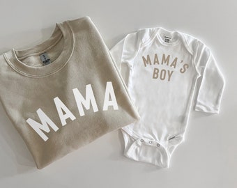 Mama and Mama's Boy Matching Beige Mom and Toddler Sweatshirts and Baby Bodysuits, Mommy and Me Sweatshirts Pullovers