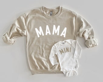 Mama and Mini Matching Beige Mom and Toddler Sweatshirts and Baby Bodysuits, Mommy and Me Sweatshirts Pullovers