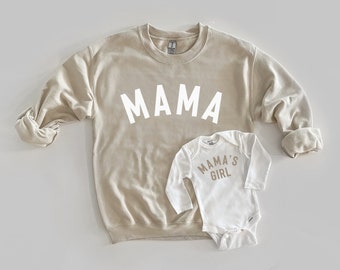 Mama and Mama's Girl Matching Beige Mom and Toddler Sweatshirts and Baby Bodysuits, Mommy and Me Sweatshirts Pullovers