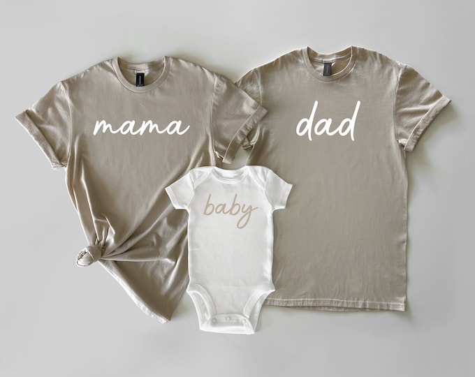 Custom Mama, Dad and Baby Matching Beige Mom, Dad and Baby Bodysuits, Family Matching Outfits in Sand, Black, White, Pregnancy Announcement