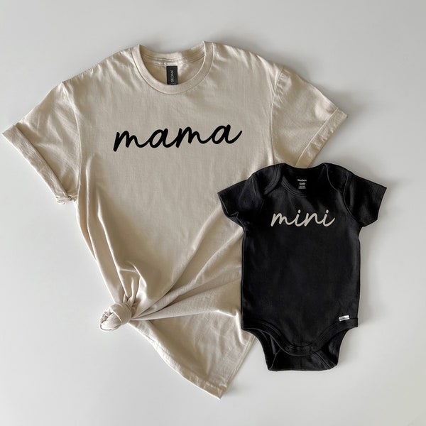 Custom Mama and Mini Matching Beige Mom and Toddler Tees and Baby Bodysuits, Mommy and Me Outfits in Sand, Black and White