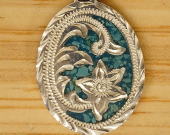 Sterling Silver 925 Jewelry Mexico Reversible Necklace Pendant Mayan Iconography Floral 1.5"