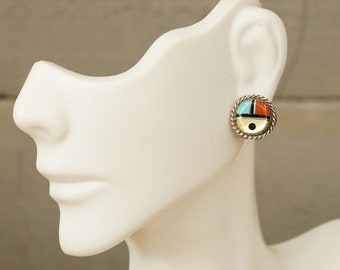 Artisan Crafted Fine Jewelry 925 Sterling Silver ZUNI Native Turquoise Coral MOP Pierced Earrings