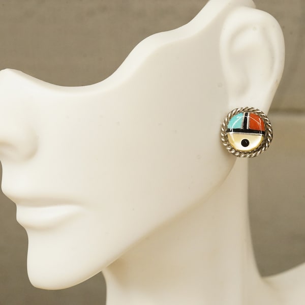 Artisan Crafted Fine Jewelry 925 Sterling Silver ZUNI Native Turquoise Coral MOP Pierced Earrings