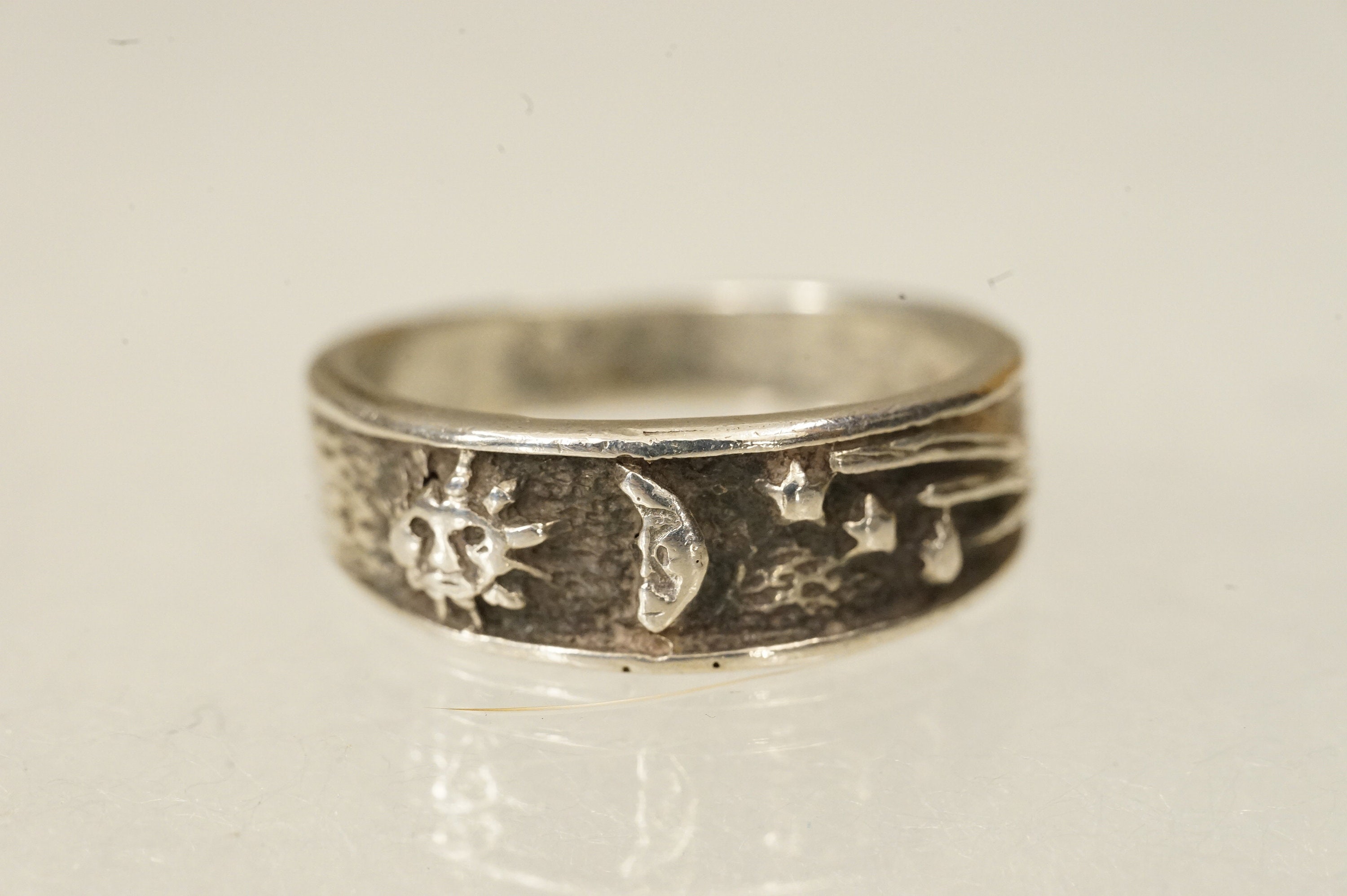 Celtic Mystical Wicca Sun Moon & Shooting Stars 925 Sterling Silver Ring Band Size 6