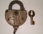Vintage Signed Obsolete Railroad Train Flat Padlock Lock LOUISVILLE NASHVILLE - Made USA. Fraim. Brass Key present and signed L N.