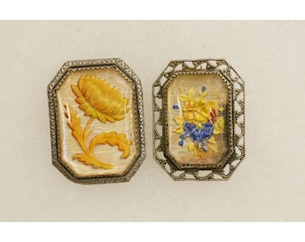 Antique Jewelry Victorian Reverse Carved Glass Hand Painted Floral Brooch Pins