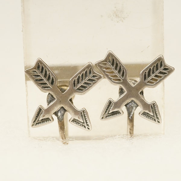 Vintage Fine Jewelry 925 Sterling Silver Navajo Cross Arrow Iconography Screwback Earrings