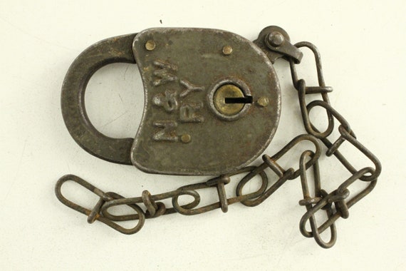 大きめ ビンテージ N&W 鉄道 Padlock with chain Vintage Obsolete Railroad Train Padlock Lock N&W Norfolk
