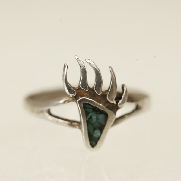 Old Pawn Estate Jewelry 925 Sterling Silver Inlaid Crushed Turquoise Southwest Claw Motif Ring Size 5.5