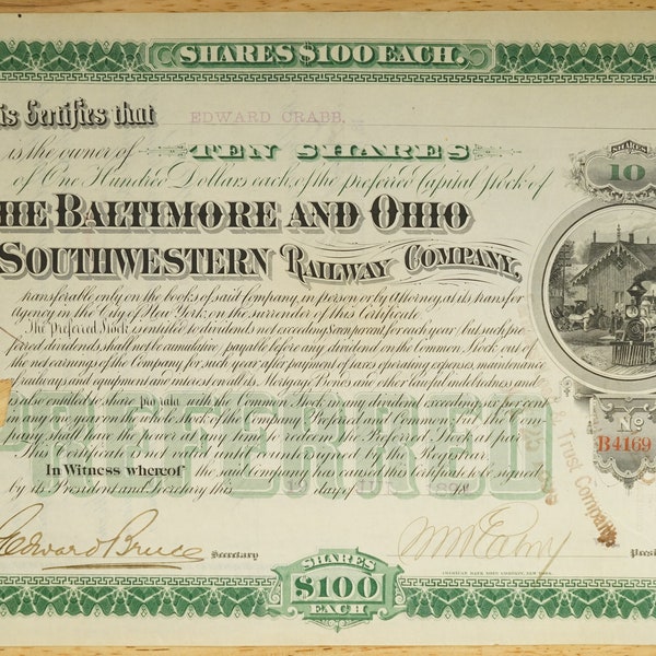 Vintage Paper Obsolete Train Scripophily Baltimore & Ohio Southwestern Railroad Train Common Stock 1983 10 Shares Issued Punched Signed