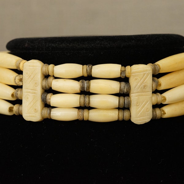 Vintage 1960's Era Native American Carved Cow Bone Choker Adjustable Necklace