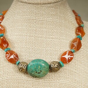Modern Studio Artisan Fine Jewelry Carnelian & Turquoise Beaded Gemstone Necklace 16&quot; Long Sterling Clasp