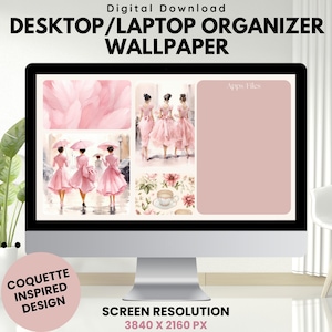 May include: A digital desktop or laptop organizer wallpaper with a pink and white color scheme. The wallpaper features a collage of images including women in pink dresses, floral patterns, and a blank space labeled "Apps Files". The text "COQUETTE INSPIRED DESIGN" and "SCREEN RESOLUTION 3840 X 2160 PX" is also included.