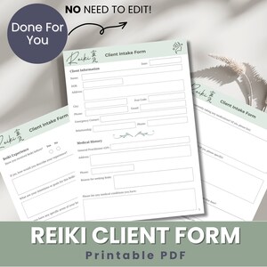 May include: A printable Reiki client intake form with sections for client information, medical history, and Reiki experience. The form has a green and white colour scheme with a floral design.