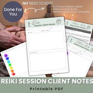 May include: Image of Reiki session client notes and email templates. The image includes printable PDF documents with headings such as "Reiki Session Client Notes" and "Client Email Template." The documents are light green and white. The image also includes the text "Done For You."