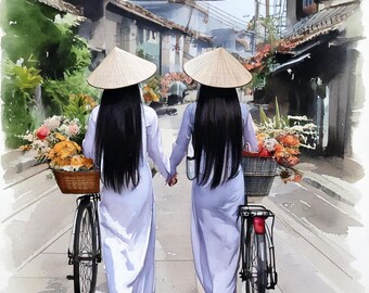 Vietnamese Ao Dai Digital Print | Traditional Vietnam Wall Art | Vintage Street Scene Photography | Southeast Asia Decor