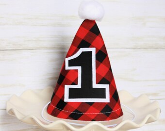 Lumberjack First Birthday Party Hat, Buffalo Plaid 1st Birthday Hat, Wild One First Birthday, First Birthday Party Hat