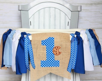 Cookie First Birthday High Chair Banner, First Birthday Banner, Monster First Birthday Boy Banner, Blue High Chair Banner