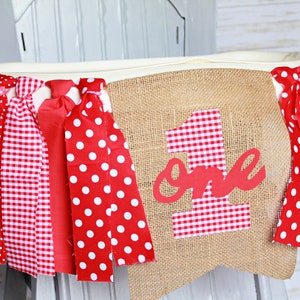 Red Gingham First Birthday High Chair Banner, Red First Birthday Banner, Gingham High Chair Banner, Red Polka dot banner