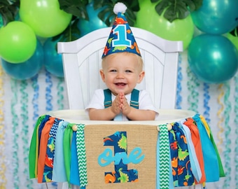 Dinosaur First Birthday Decorations, ONE-A-SAURUS Banner, Party Hat & Matching Headband