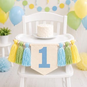 Yarn Tassel First Birthday Banner: Light Blue and Green High Chair Decor