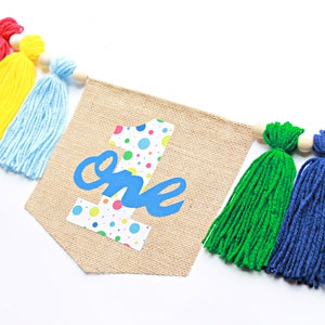 Colorful Yarn Tassel First Birthday Banner, Burlap High Chair Decor, One Birthday Banner