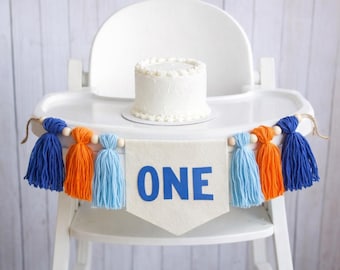 Blue & Orange First Birthday High Chair Banner, Yarn Tassel Banner, One birthday banner