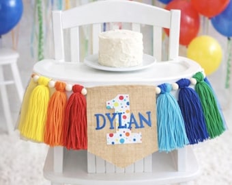 Personalized Banner, Colorful Yarn Tassel First Birthday Banner: High Chair Decor