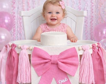 Pink Bow High Chair Banner, Bow Banner, Pink Felt Bow Banner, Pink Bow Birthday Banner, First Birthday Banner