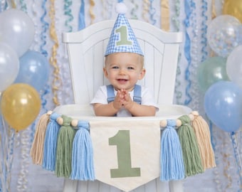 Lucky Duck First Birthday Banner: Green & Blue Yarn Tassels