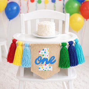Colorful Yarn Tassel First Birthday Banner, Burlap High Chair Decor, One Birthday Banner