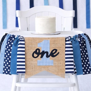 First Birthday Burlap High Chair Banner, Navy Blue Birthday Decor, Blue One Banner