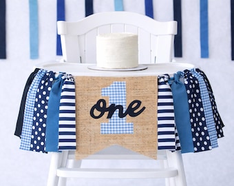 First Birthday Burlap High Chair Banner, Navy Blue Birthday Decor, Blue One Banner