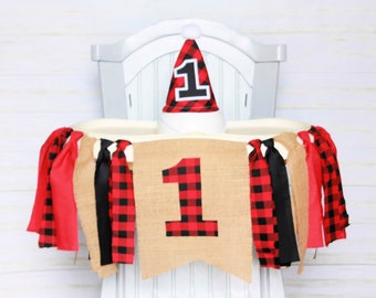 Buffalo Plaid High Chair Banner & Party Hat: Wild One Lumberjack Birthday