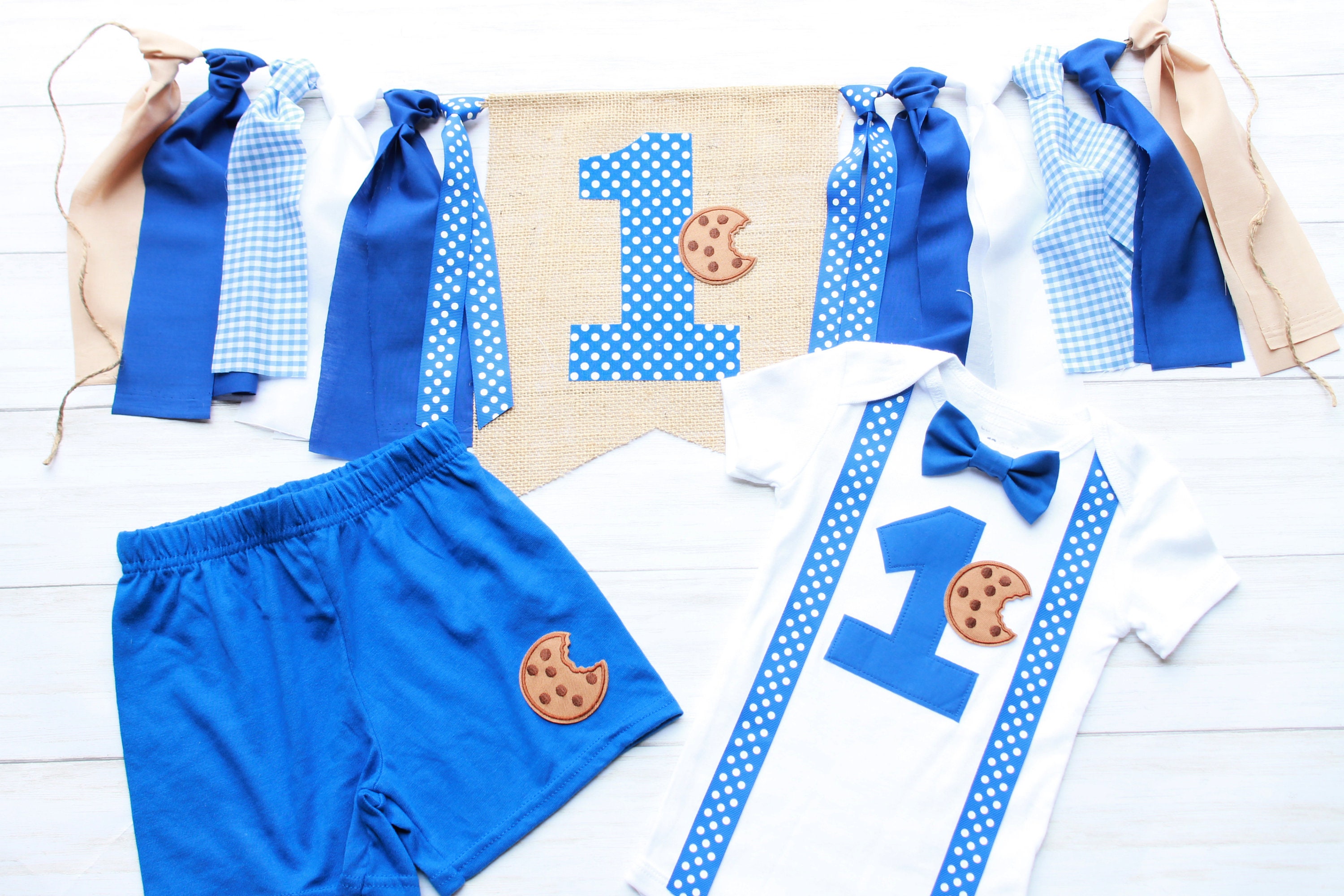 Cookie First Birthday Outfit: Blue Bodysuit, Shorts & Banner Set