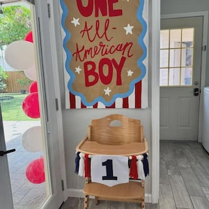 Red, White, and Blue First Birthday Banner,  Yarn Tassel First Birthday Banner, Baseball First Birthday, Fourth of July High Chair Banner