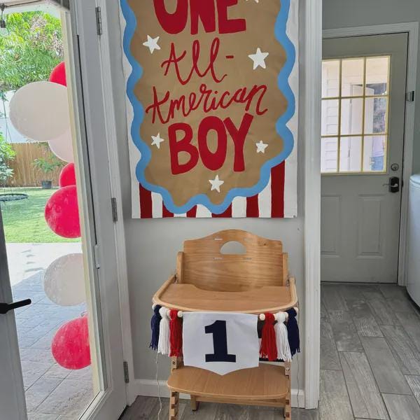 Red, White, and Blue First Birthday Banner,  Yarn Tassel First Birthday Banner, Baseball First Birthday, Fourth of July High Chair Banner