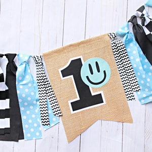 Light Blue Smiley Face Birthday High Chair, One Happy Dude, First Birthday Banner, First Birthday Banner, First Birthday Boy
