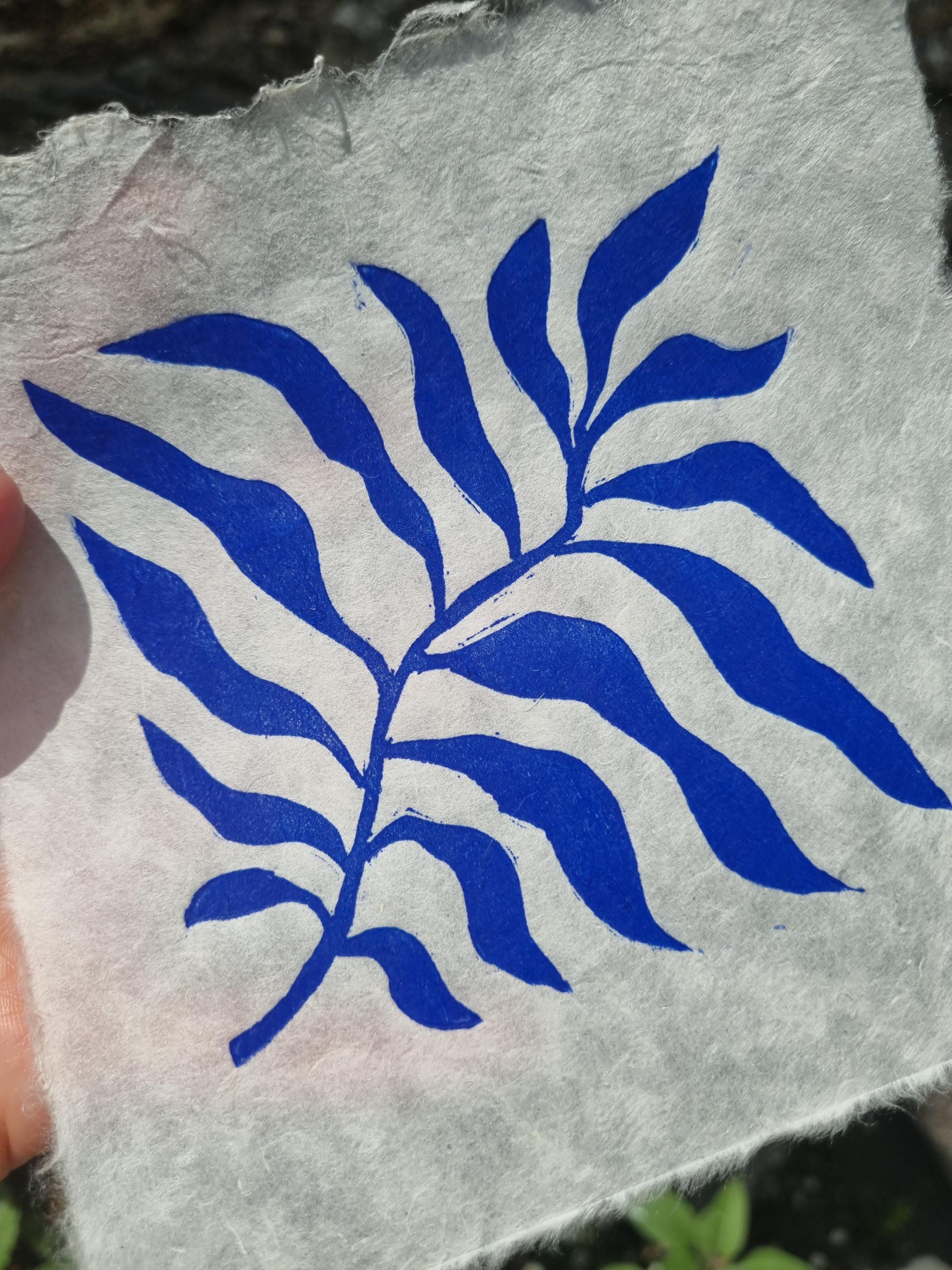 Original Handprinted Linocut Blue Palm Linoprint Abstract Minimal Print ...